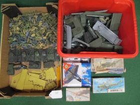 Box and crate of loose Airfix 1:32 scale military figures plus pre-made military vehicles, ground