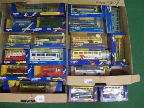 Nineteen Corgi buses and coaches in the blue and yellow boxes, liveries include: Cymru Crosville,