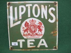 Green enamel sign for Lipton's Tea featuring the By Appointment Royal crest in the centre and Wood &