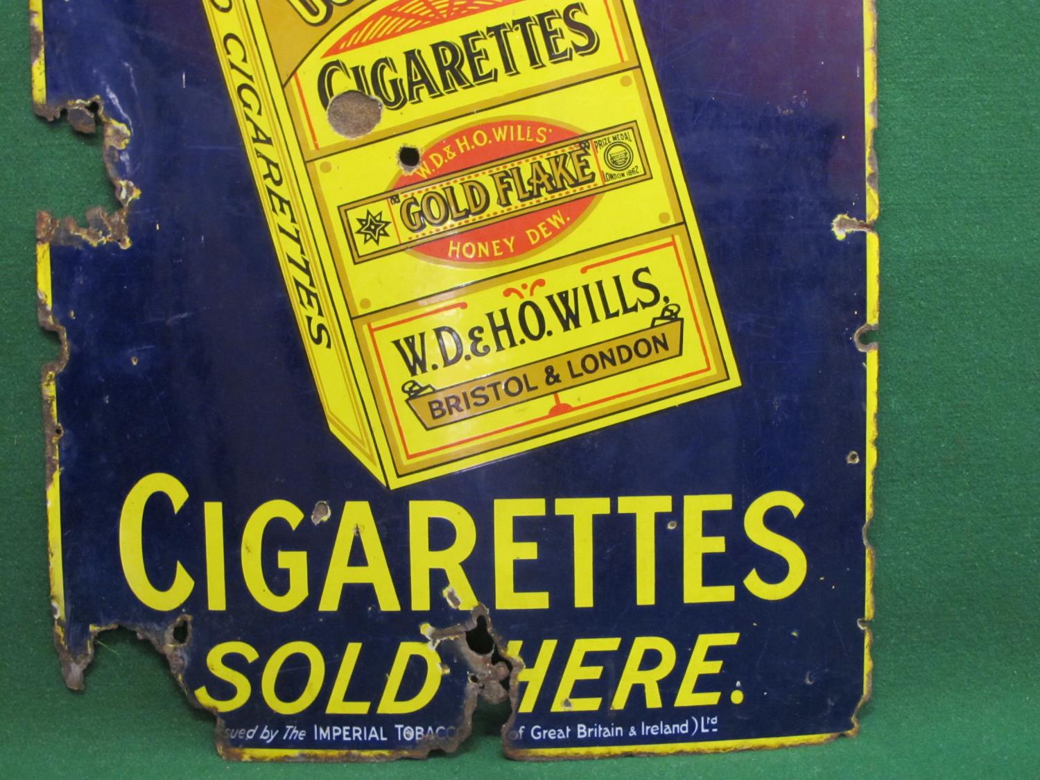 Enamel sign for Wills's Cigarettes Sold Here featuring a packet of Gold Flake Honeydew. Yellow, - Image 2 of 4