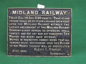 Large cast iron trespass warning sign for the Midland Railway - 25.75" x 19.5" Please note