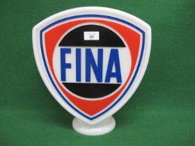 Shield shaped reproduction white glass pump top globe for Fina. Blue letters with a black, red and