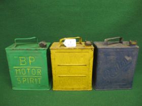 Three 2 gallon fuel cans to comprise: 1925 BP Motor Spirit, 1925 National Benzole Mixture and 1936