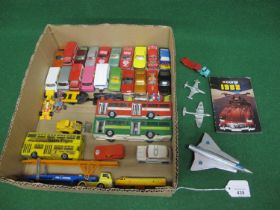 Box of loose diecast vehicles from Corgi Juniors, Lone Star, Dinky, Husky and Lintoy to include: