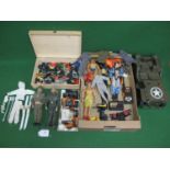 Two boxes of old and modern Action Man items to include: six dolls, clothing, weapons, hats,