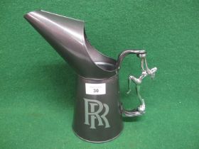 Bespoke quart oil pourer with Rolls Royce in silver on a grey ground with chromed nude figural