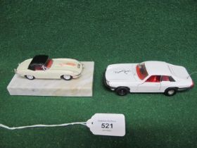 Marble plinth mounted Corgi E Type Jaguar given to staff at Christmas by the Pension Annuity