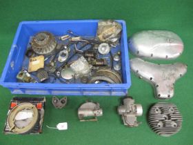 Crate of second hand motorcycle parts to include: BSA A10 timing cover, B40/C15 primary case, B44