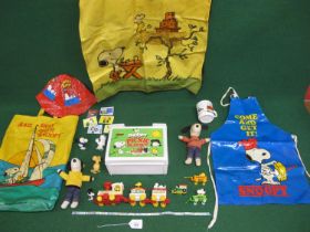 Quantity of Snoopy related items to include: two dolls, aprons, bag, hat, mug, models and picnic