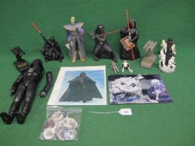 Box of Star Wars toys and memorabilia to include: six Darth Vader models, Prince Xizor figurine, two