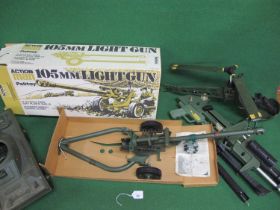 Action Man 105mm Light Gun with shells and box, four wheel vehicle, helicopter (for spares) together