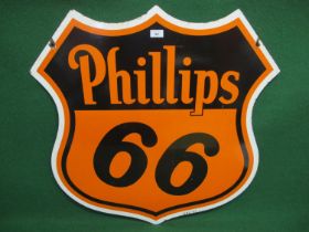 Shield shaped American motor oil double sided enamel sign for Phillips 66, orange and black