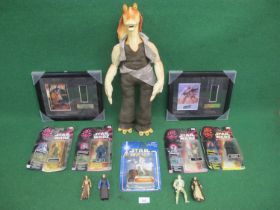 Box of Star Wars toys and memorabilia to include: four carded and sealed Episode 1 Com-Talk-Chip