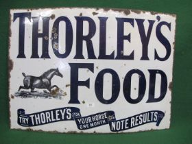 Enamel sign for Thorley's Food, Try Thorley's For Your Horse One Month And Note Results, blue and