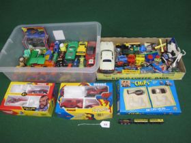 Two boxes of mostly loose and plastic toy vehicles etc from the 1970's and 1980's to include The