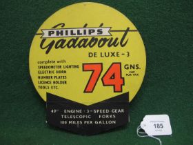 Double sided thick card advertisement for the Philips Gadabout De-luxe-3, 180 Miles Per Gallon And