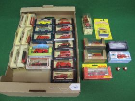 Box of approx twenty four smaller scale fire service model vehicles from Lledo, Brumm, Solido and