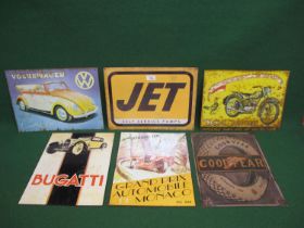 Six modern tin signs for jet Self Service Pumps, BSA Bantam, VW Cabriolet, Bugatti, Goodyear and the
