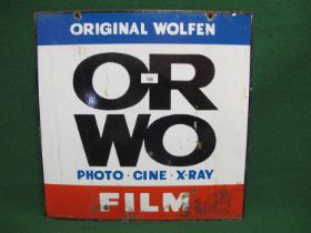 Double sided enamel hanging sign for Original Wolfen Film-Photo-Cine-Xray, red, white, blue and