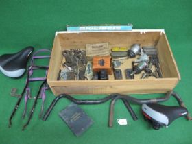 Crate of cycle parts to include: John Bull repair outfit with contents, box of Phillips 4" pedal