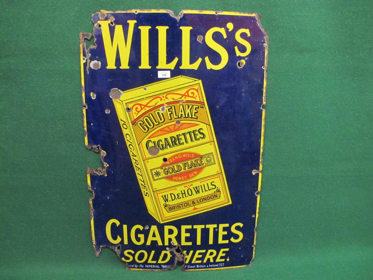 Enamel sign for Wills's Cigarettes Sold Here featuring a packet of Gold Flake Honeydew. Yellow,