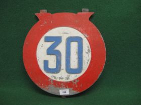Aluminium circular 30 sign with raised blue numbers and red outer circle - 13.5" dia (of unknown