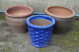 Group of three brown and blue glazed circular planters - 14.5" tall each Please note descriptions