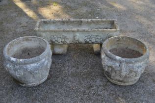 Trough planter - 34.5" long, together with a pair of circular planters - 16" wide Please note