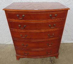 Yew wood bow fronted reproduction chest of five drawers - 34" wide x 40.25" tall Please note