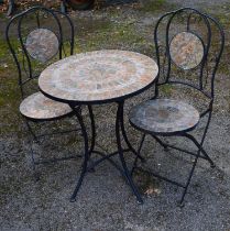 Mosaic top patio/bistro table - 23.5" wide and two matching folding chairs Please note