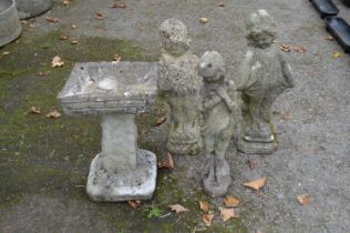 Three small garden statues - 23.5" tall together with a square bird bath Please note descriptions