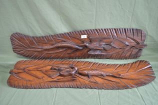 Pair of oak carved, possibly Japanese, panels in leaf form with birds and fish - 39.5" each Please