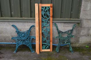 Pair of metal garden bench ends together with a garden bench in kit form. Please note descriptions