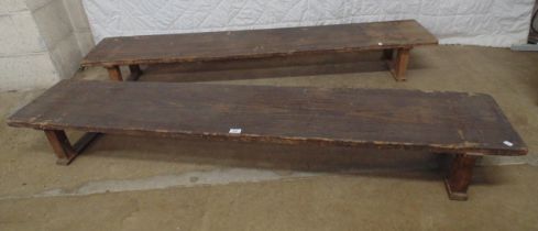 Pair of pine benches with single plank tops - 71.5" long x 9.25" high Please note descriptions are