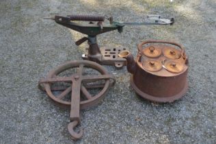 Large iron kettle together with iron pully and Western Cartridge Co clay trap Please note