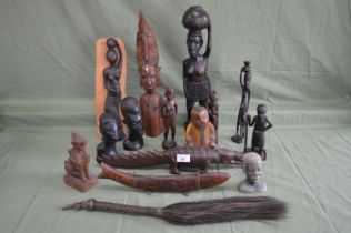 Group of twelve wooden carved busts and figures together with one stone carved bust etc Please