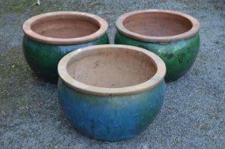 Three green and blue glazed circular planters approximately 20" wide each Please note descriptions