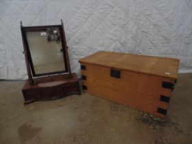 Pine box with metal banding - 27" wide together with a mahogany serpentine fronted box base mirror