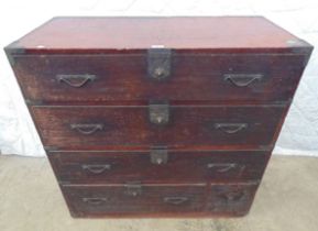 Stained pine Oriental chest of four drawers with metal banding - 37.5" x 37.25" Please note