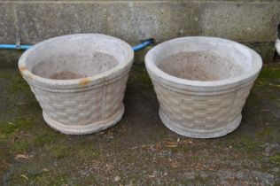 Pair of circular basket form planters - 10.75" tall Please note descriptions are not condition