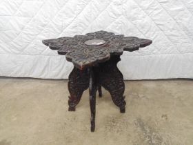 Carved square occasional table standing on carved X frame - 17" x 17" x 18.5" tall Please note