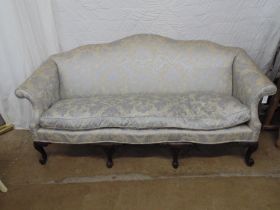Scroll arm settee in pale blue and cream upholstery, standing on cabriole legs - 83.5" x 28" x 38.5"