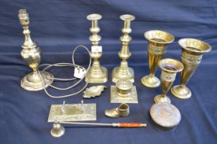 Box of brassware to include: three vases, pair of candlesticks and table lamp etc Please note