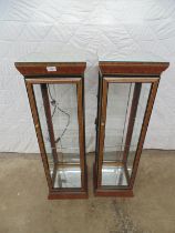 Pair of slender glass display cases with mirrored tops (one top af) - 11.75" x 11.75" x 38.75"