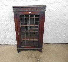 Oak carved display cabinet with single bar glazed door enclosing four shelves - 28.5" x 12.25" x 48"