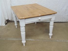 Victorian pine kitchen table with single drawer, standing on turned tapering legs - 48" x 35.25" x