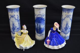 Group of three Delft vases with fluted tops - 12" tall together with two Royal Doulton figures to