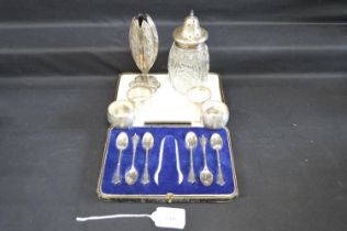 Group of silver items to comprise: set of six coffee spoons, two pairs of napkin rings and a