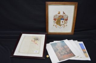 Four unframed Joules Ale prints together with livery button, framed gilt and colour crest and silk