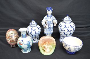 Quantity of ceramics to include: Oriental vase, Sylvac vase and two lidded urns etc Please note